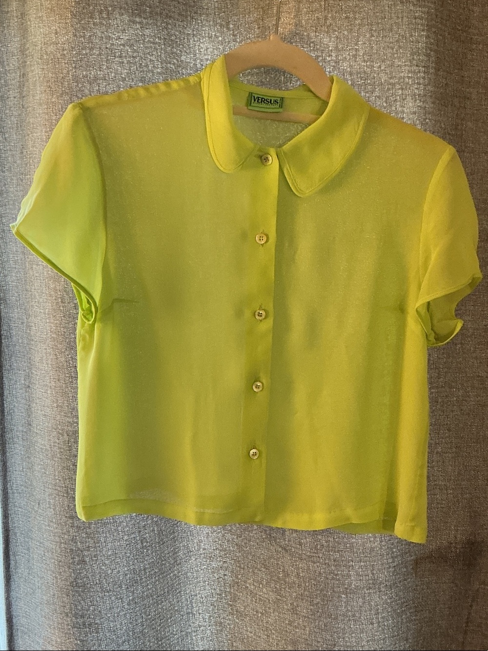 Versace Neon Lime Sheer Short-Sleeve Button-Up Blouse